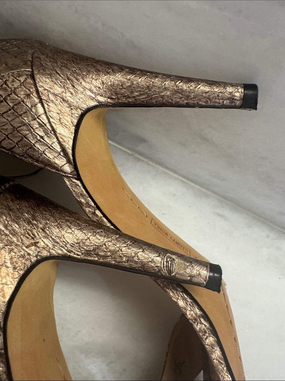 Vince Camuto  Metallic Bronze Gold Strappy Open-Toe Heels 8 - Picture 6 of 11